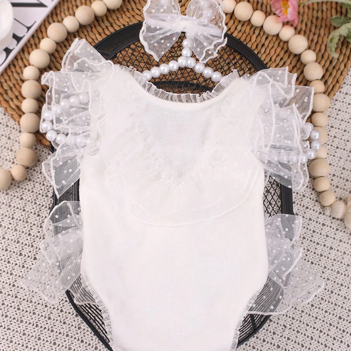Ylsteed White Newborn Outfit for Pictures Knitted Infant Photography Romper with Matching Headbands Mesh Dress Portrait Props - Image 3