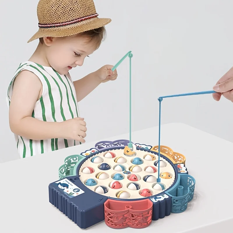 35PCS Electric Fishing Game Toy with Music and Cute Stickers, Magnetic Rotating Fun Fishing Toy for Children, Hook Spin Fishes