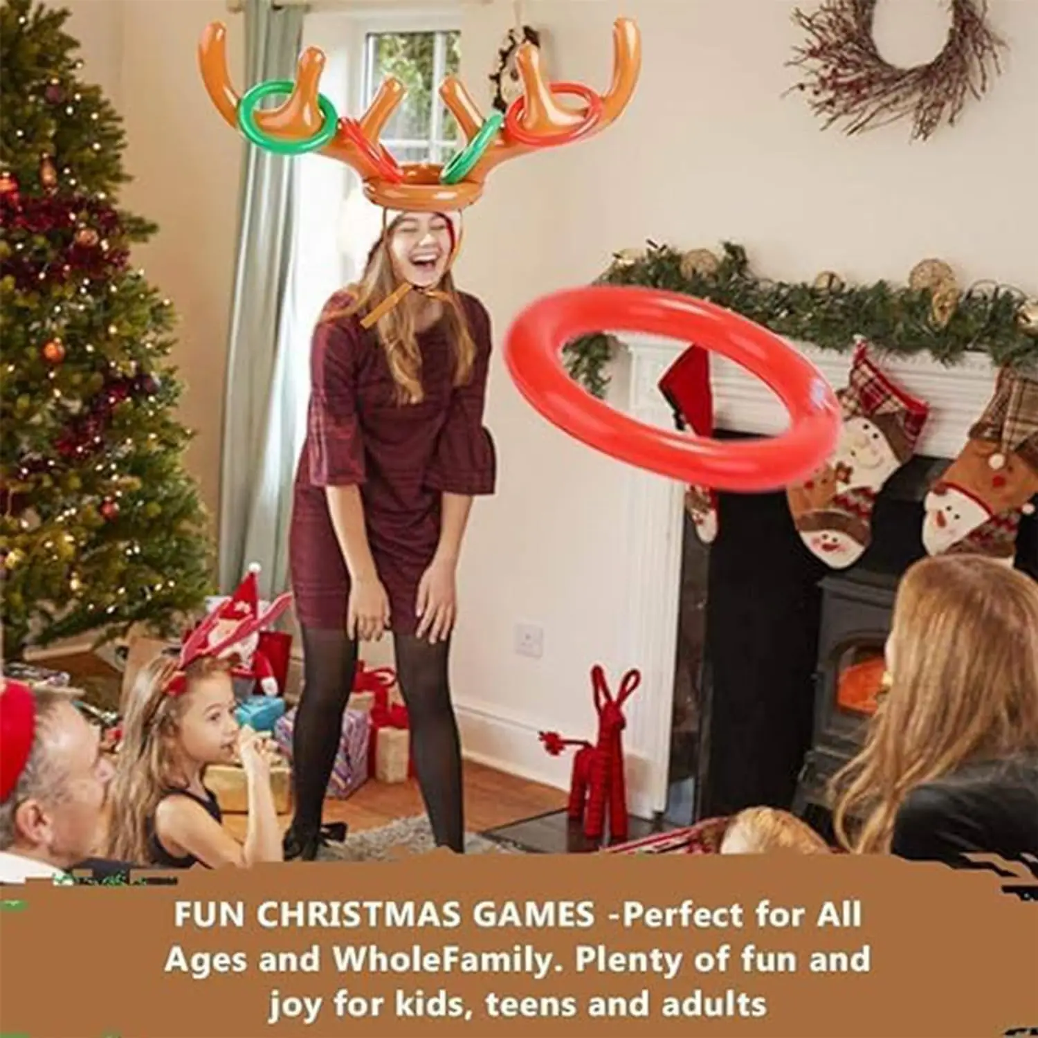 Inflatable Reindeer Antler Hat with Rings Toss Game Toy for Kids Adults Family Xmas Party Fun Multiplayer Game Decor Supplies - Image 2
