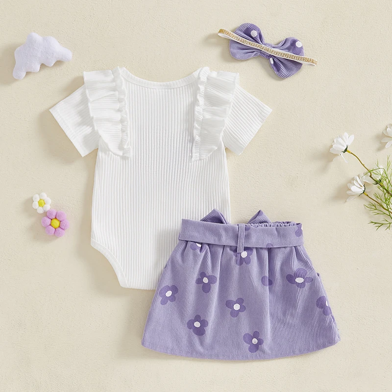 Adorable Baby Girl Floral Print Romper with Matching Skirt and Headband Set for Summer Outings and Photoshoots - Image 3