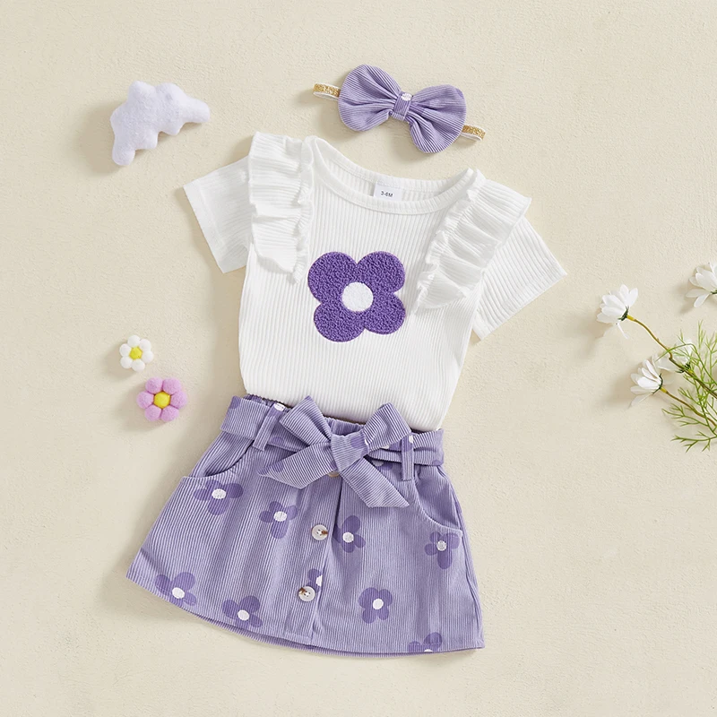 Adorable Baby Girl Floral Print Romper with Matching Skirt and Headband Set for Summer Outings and Photoshoots - Image 4