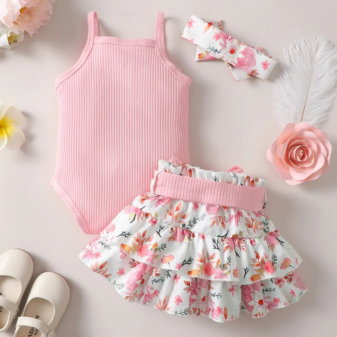 0-2 Year Old Newborn Baby Girls Summer Sleeveless Suspender Jumpsuit With Floral Print Short Skirt Cute Fashion Toddler Set - Image 2