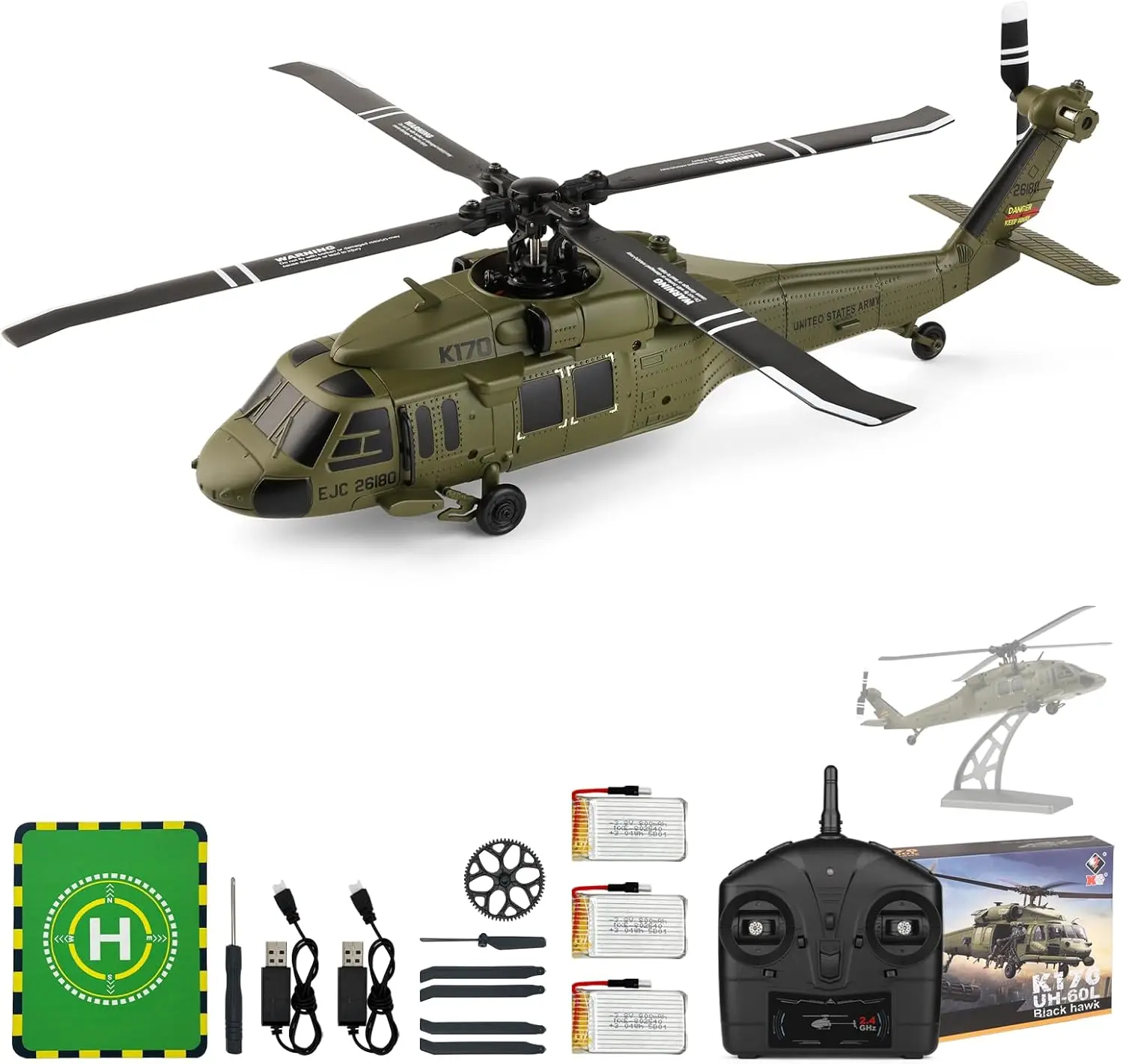 WLtoys K170 Brushless 4-CH RC Helicopter,Full-Scale UH60L Black Hawk,6-Axis Gyroscope, One Key Take-Off/Landing with 3 Batteries