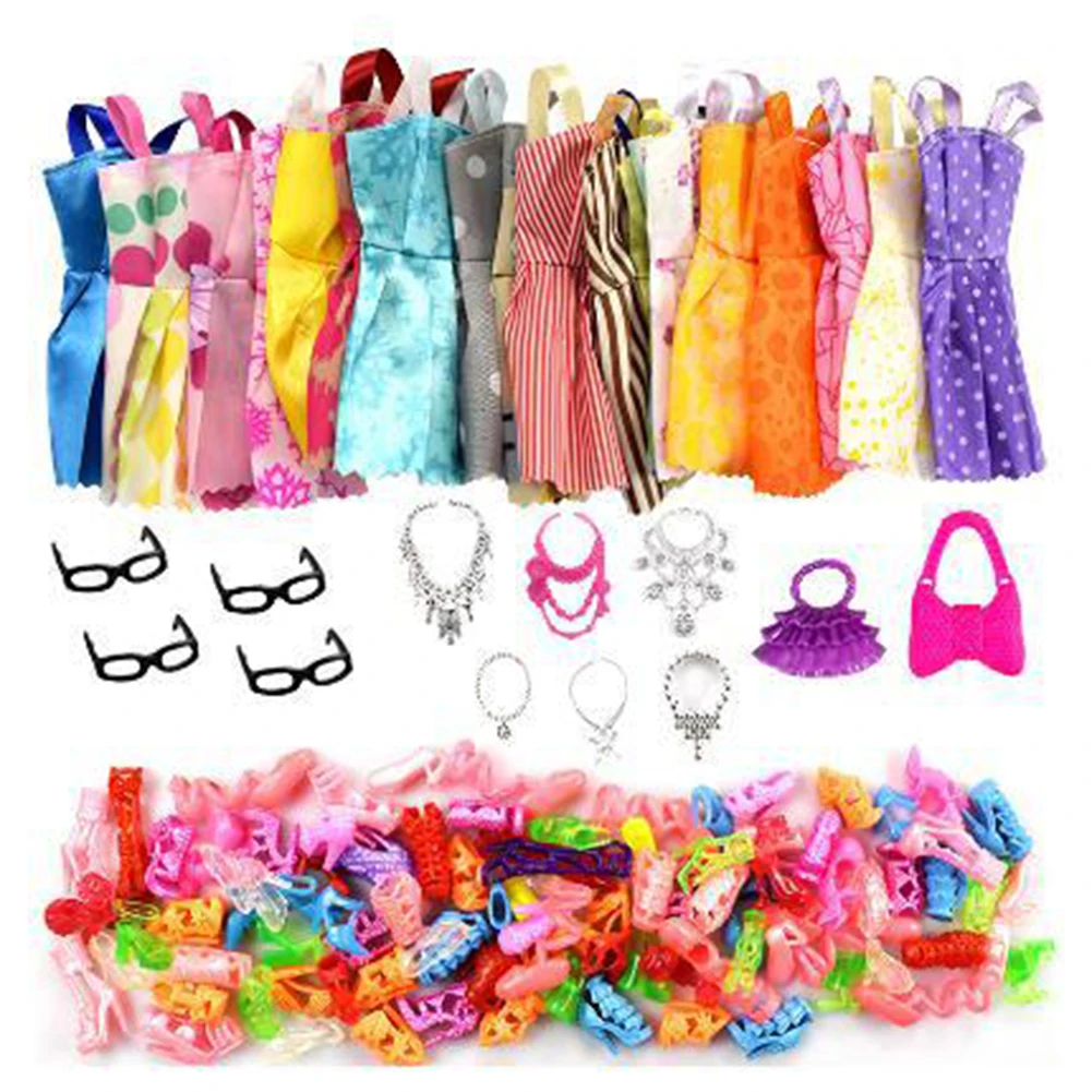 32pcs Random Doll Clothes and Accessories Short Dress Highheels Necklace Glasses Bag Kids Toy for Barbie Doll Shoes Glasses