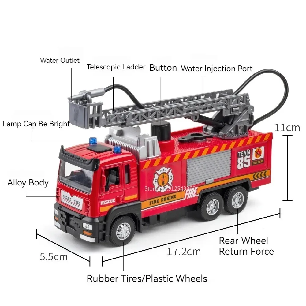 1:32 Scale Water Spray Fire Truck Model Ladder Trucks Toy Car Sound Light Pull Back Doors Opened Vehicle Collection Boys Gift - Image 3