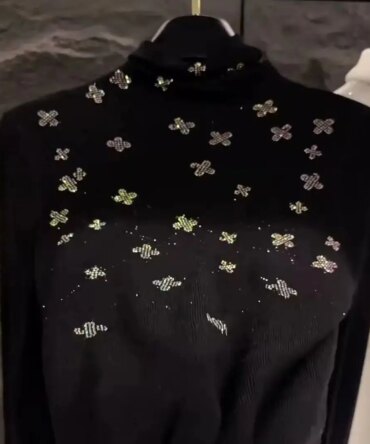 Luxury Style Diamonds Hot Drilling Turtleneck Slim Fit Black Sweater for Women Autumn/Winter Knitwear Pullovers Femme Clothing