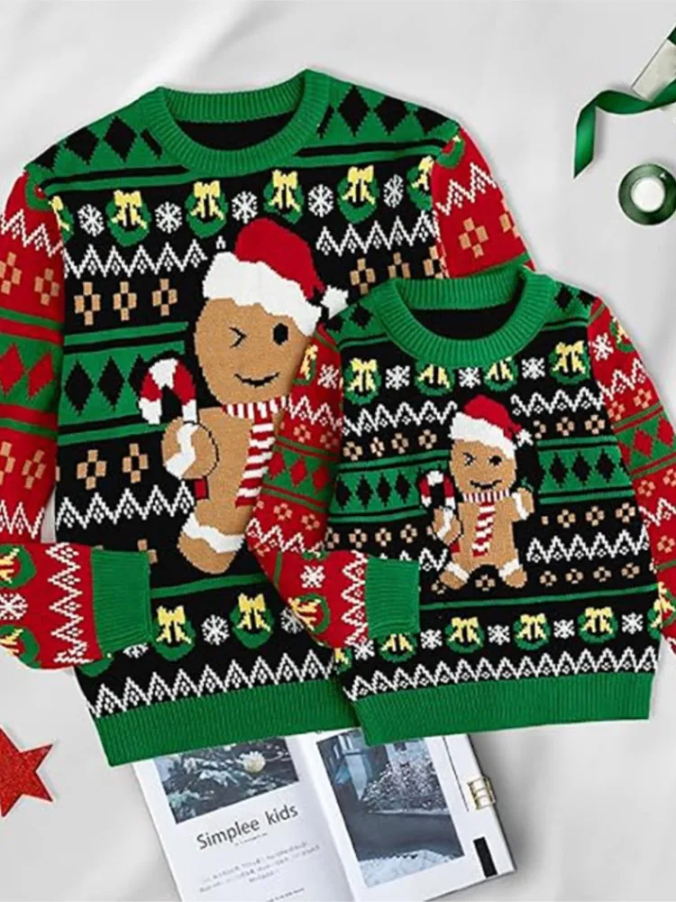Fashion Casual Family Matching Christmas Sweaters Gingerbread Man Green Knit Pullover Women's Long Sleeve Holiday Party Outfit - Image 3