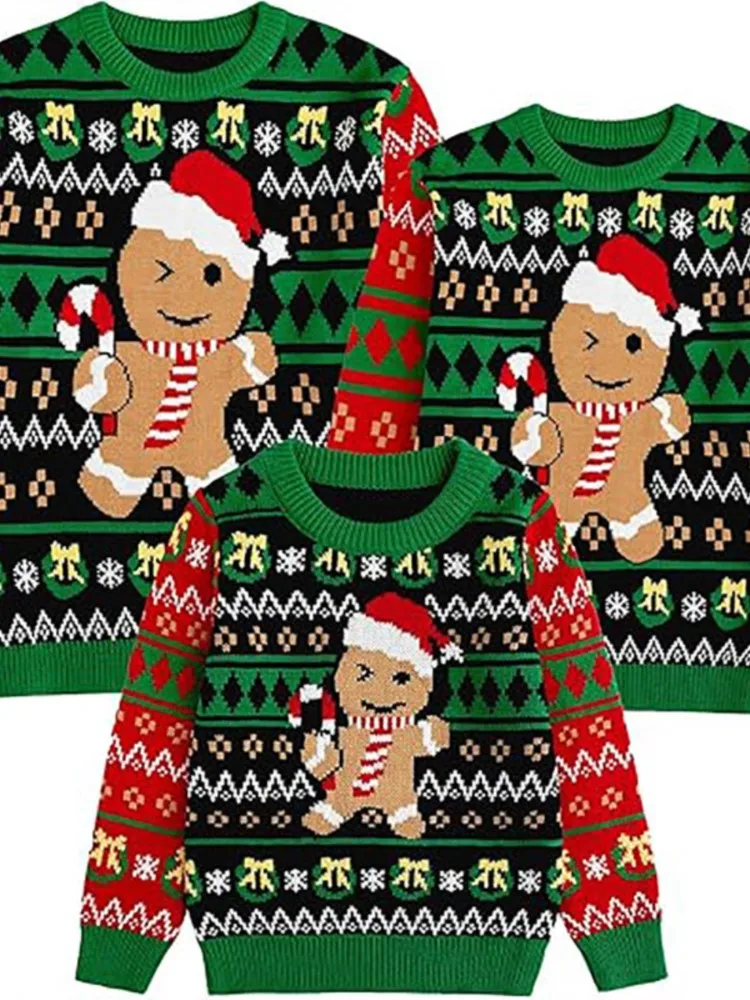 Fashion Casual Family Matching Christmas Sweaters Gingerbread Man Green Knit Pullover Women's Long Sleeve Holiday Party Outfit - Image 5