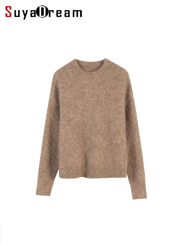 SuyaDream Warm Alpaca Pullovers for Woman, Dropped Sleeved Loose Sweaters, 2025 Fall Winter Top, Camel, Beige