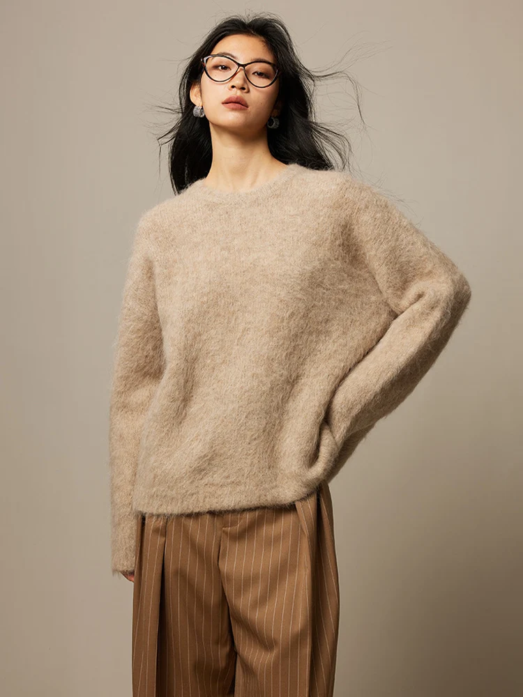 SuyaDream Warm Alpaca Pullovers for Woman, Dropped Sleeved Loose Sweaters, 2025 Fall Winter Top, Camel, Beige - Image 6