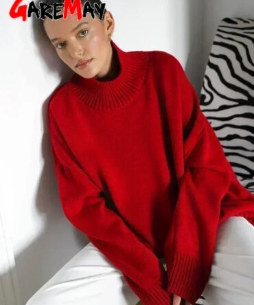 Women's Turtleneck Sweater Oversize Winter Vintage  Knitted Red Sweater Pullover Women Soft Gray Warm Sweater for Women 2025