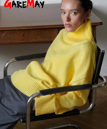 Autumn Women's Knitted Sweater Oversize High Collar Yellow Vintage Pullover Soft Winter Warm Vintage Red Sweaters for Women