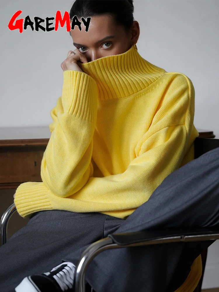 Autumn Women's Knitted Sweater Oversize High Collar Yellow Vintage Pullover Soft Winter Warm Vintage Red Sweaters for Women - Image 3