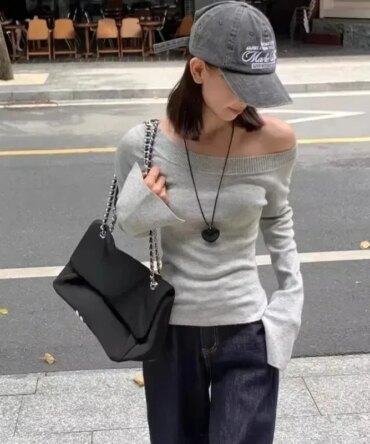 Pullovers Women Off Shoulder Cropped Knitted Basic Clothes Autumn All-match Side Slit Simple Tender Slim Gentle Seductive