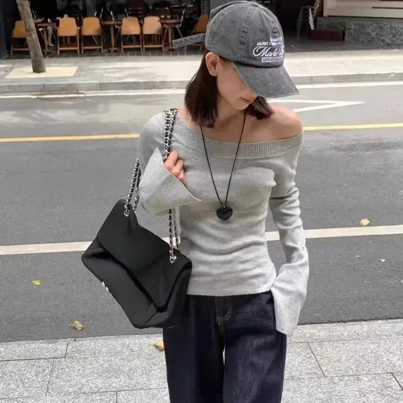 Pullovers Women Off Shoulder Cropped Knitted Basic Clothes Autumn All-match Side Slit Simple Tender Slim Gentle Seductive