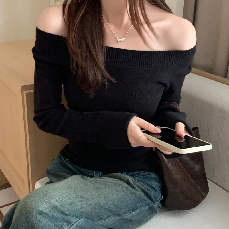 Pullovers Women Off Shoulder Cropped Knitted Basic Clothes Autumn All-match Side Slit Simple Tender Slim Gentle Seductive - Image 6