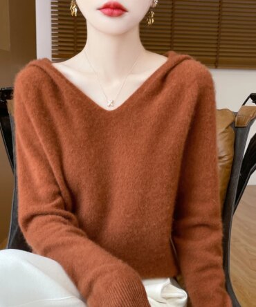 Women Autumn Winter Clothing Hooded Collar Pullover 100% Merino Wool Sweater New Fashion Cashmere Tops Bottoming Knitwear Soft