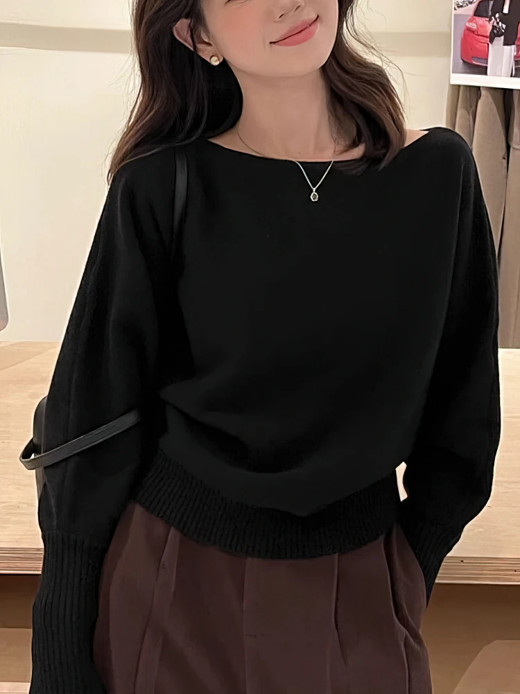 Batwing Long sleeve Knitted Pullover Women 300g Thick Off shoulder Top Korean Fashion Sweater Loose Casual Autumn Outwear Pull - Image 3
