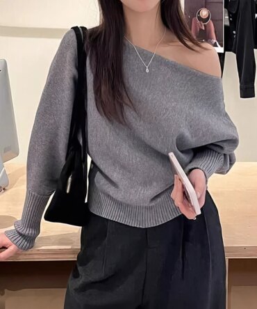 Batwing Long sleeve Knitted Pullover Women 300g Thick Off shoulder Top Korean Fashion Sweater Loose Casual Autumn Outwear Pull