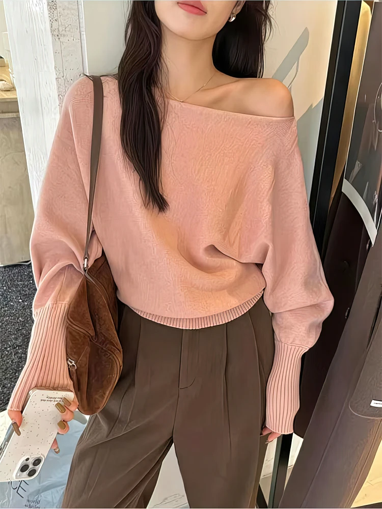 Batwing Long sleeve Knitted Pullover Women 300g Thick Off shoulder Top Korean Fashion Sweater Loose Casual Autumn Outwear Pull - Image 6