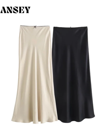 2024 Spring Women's Satin Bow-Decorated High-Waist A-Line Long Skirt - Vintage Chic Fashion