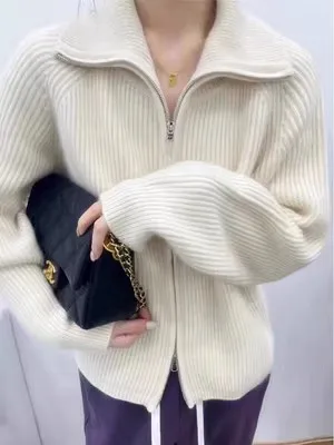 100% Merino Wool Women's Lapel Zipper Cardigan Autumn Winter Thick Casual Fashion Knitted Cashmere Sweater - Image 6