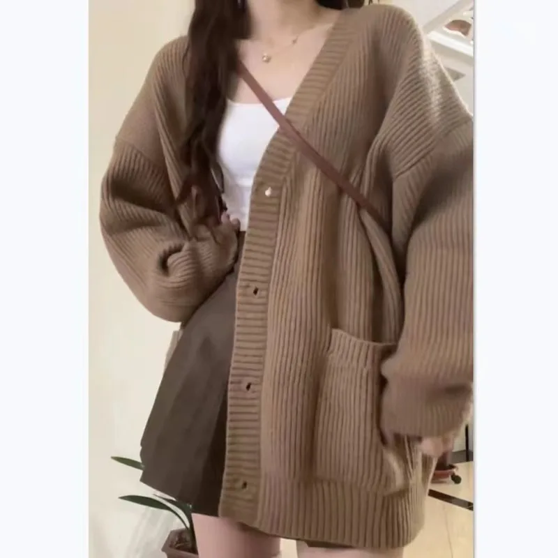 Autumn Winter Women Cardigan Sweater Coats Fashion Female Long Sleeve V-neck Loose Knitted Jackets Casual Sweater Cardigans - Image 4
