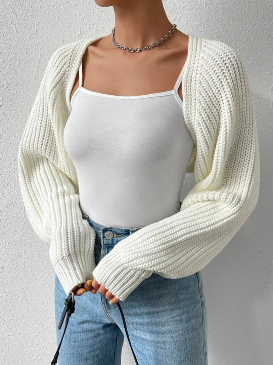 Women s Open Front Cropped Cardigan Long Sleeve Solid Color Ribbed Knit Shrug Sweater Bolero Tops - Image 4