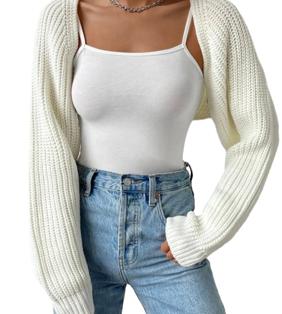 Women s Open Front Cropped Cardigan Long Sleeve Solid Color Ribbed Knit Shrug Sweater Bolero Tops