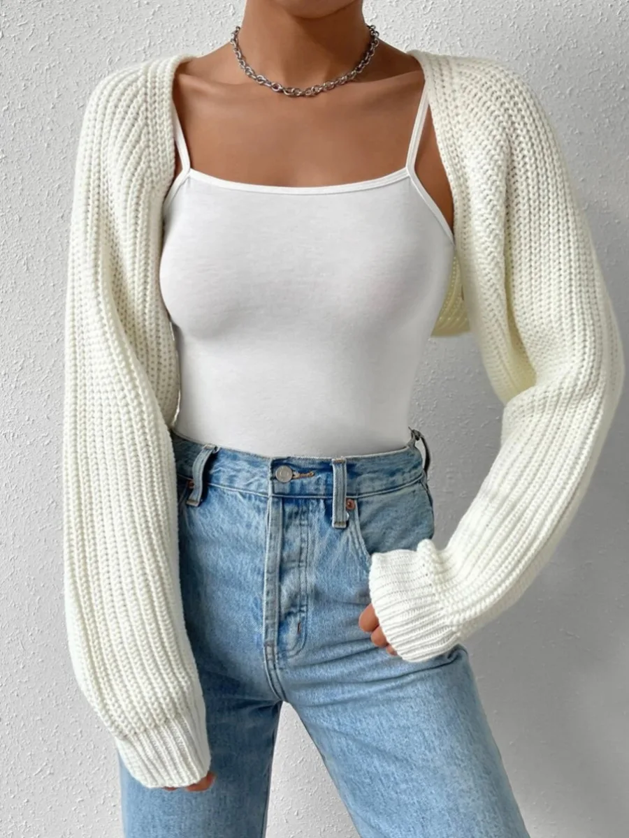 Women s Open Front Cropped Cardigan Long Sleeve Solid Color Ribbed Knit Shrug Sweater Bolero Tops - Image 3