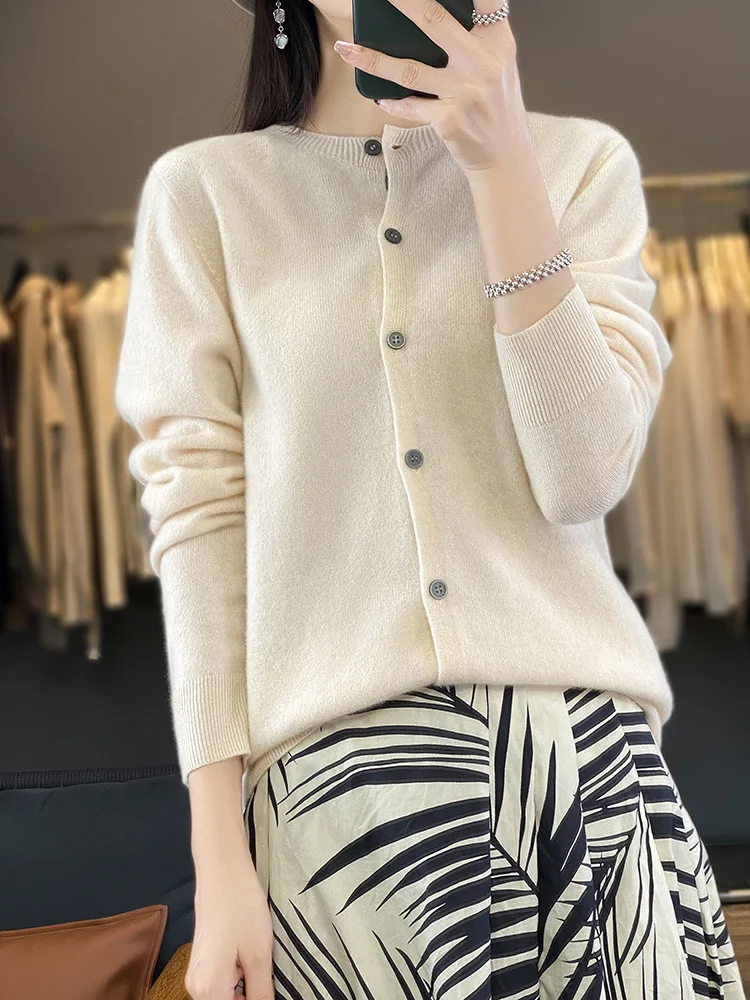 100% Merino Wool Sweater Women O-Neck Cardigan Basic Style Buttoned Knitwear Female Casual Autumn Winter Soft Tops