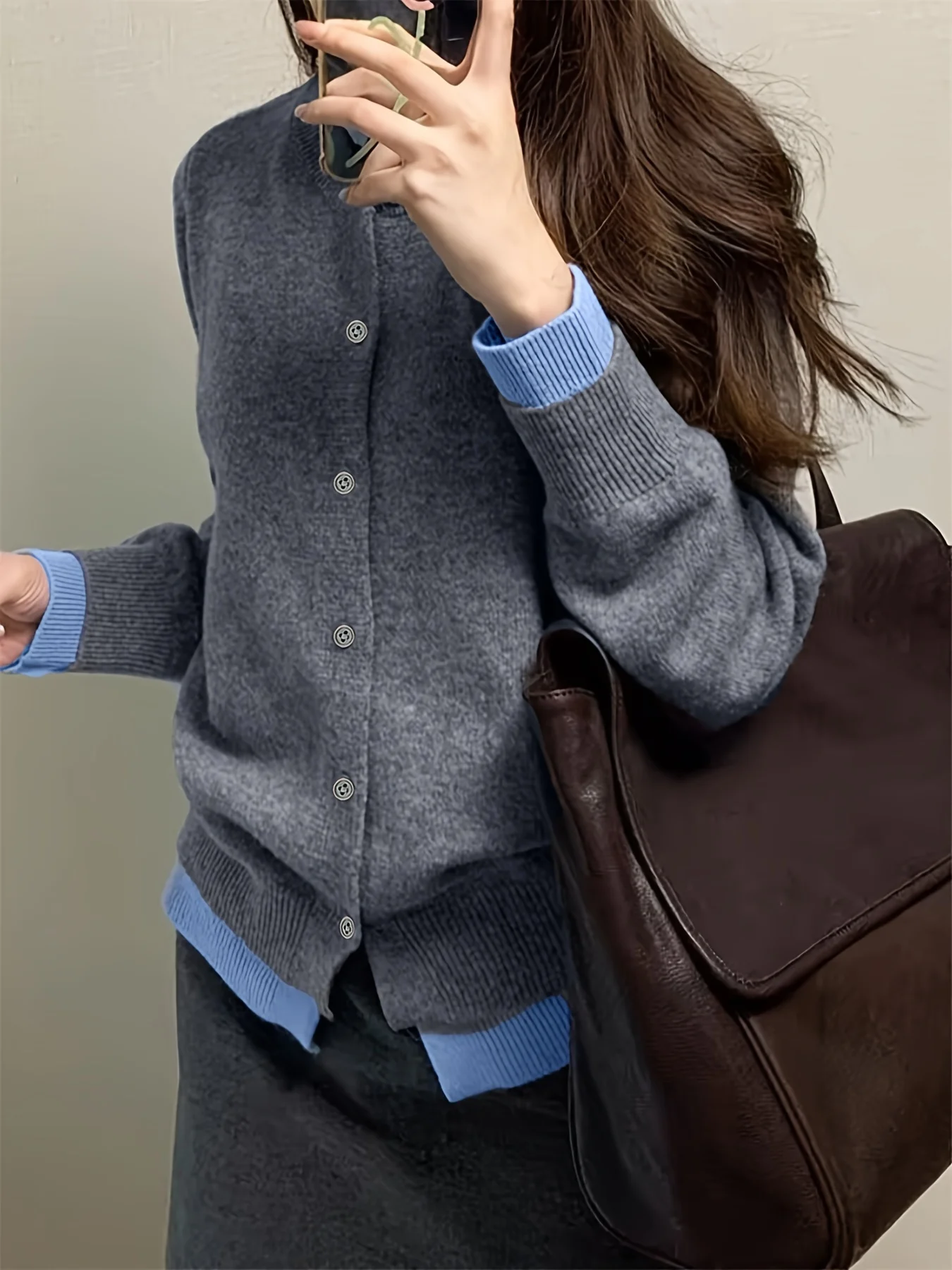 Autumn and Winter New Fashion Woman Sweater Gray Soft Knitted Sweater Top Casual and Versatile Button-up Cardigan Jacket - Image 5