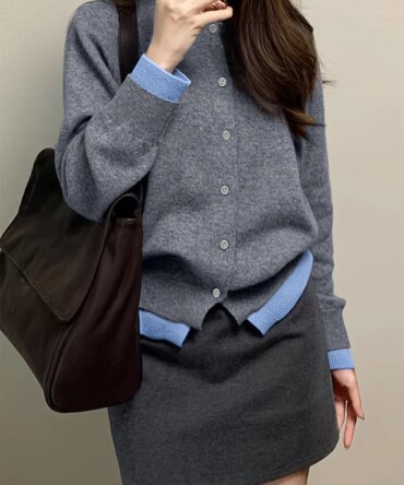 Autumn and Winter New Fashion Woman Sweater Gray Soft Knitted Sweater Top Casual and Versatile Button-up Cardigan Jacket