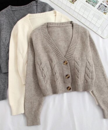 2025 V Neck Cropped Cardigan Women Long Sleeve Twist Knitted Sweater Coats Autumn Winter Keep Warm Korean Fashion Cardigan