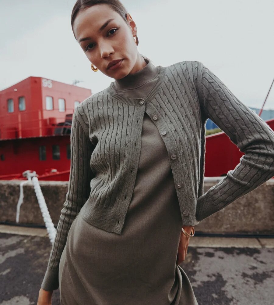 AS AW25 new design knitting cable cardigan + ribbing mockneck dress maxi length match for lady wear