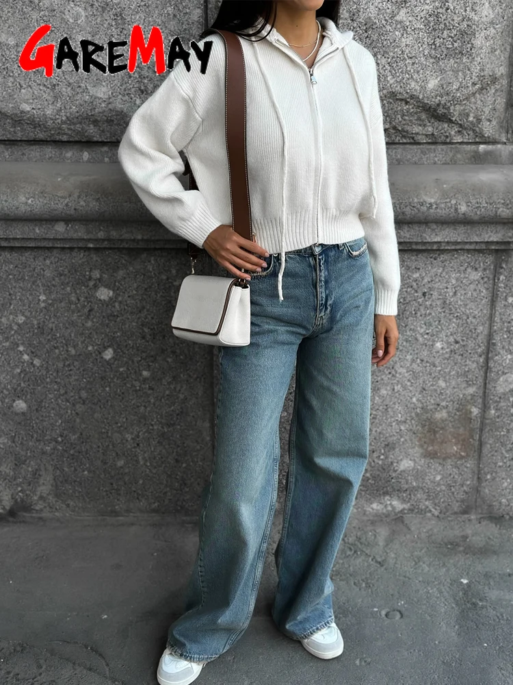 Autumn Knitted Women's Short Cardigan with Zipper Gray Winter Sweater Casual Cute Vintage White Cardigan for Women with Hood - Image 6