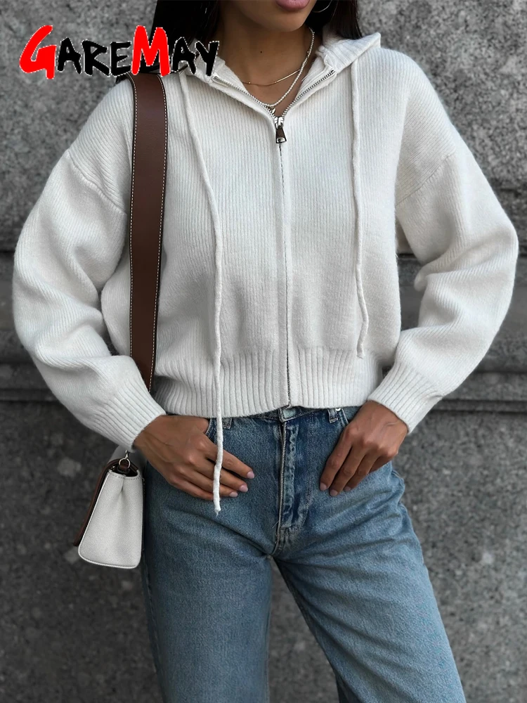 Autumn Knitted Women's Short Cardigan with Zipper Gray Winter Sweater Casual Cute Vintage White Cardigan for Women with Hood - Image 5