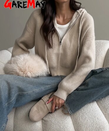 Autumn Knitted Women's Short Cardigan with Zipper Gray Winter Sweater Casual Cute Vintage White Cardigan for Women with Hood