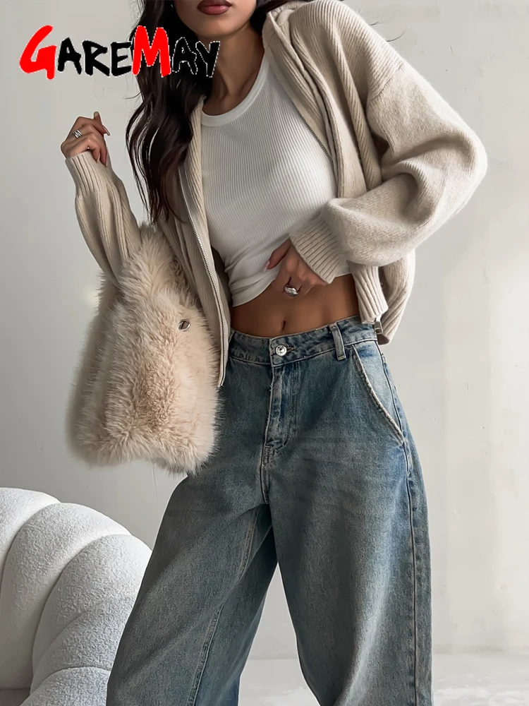 Autumn Knitted Women's Short Cardigan with Zipper Gray Winter Sweater Casual Cute Vintage White Cardigan for Women with Hood - Image 3