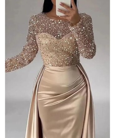 Women's Luxurious Sequins Evening Dress Round Neck Ruched Tiered Bodycon Maxi Dress For Female Prom Wedding Host Elegant Dresses