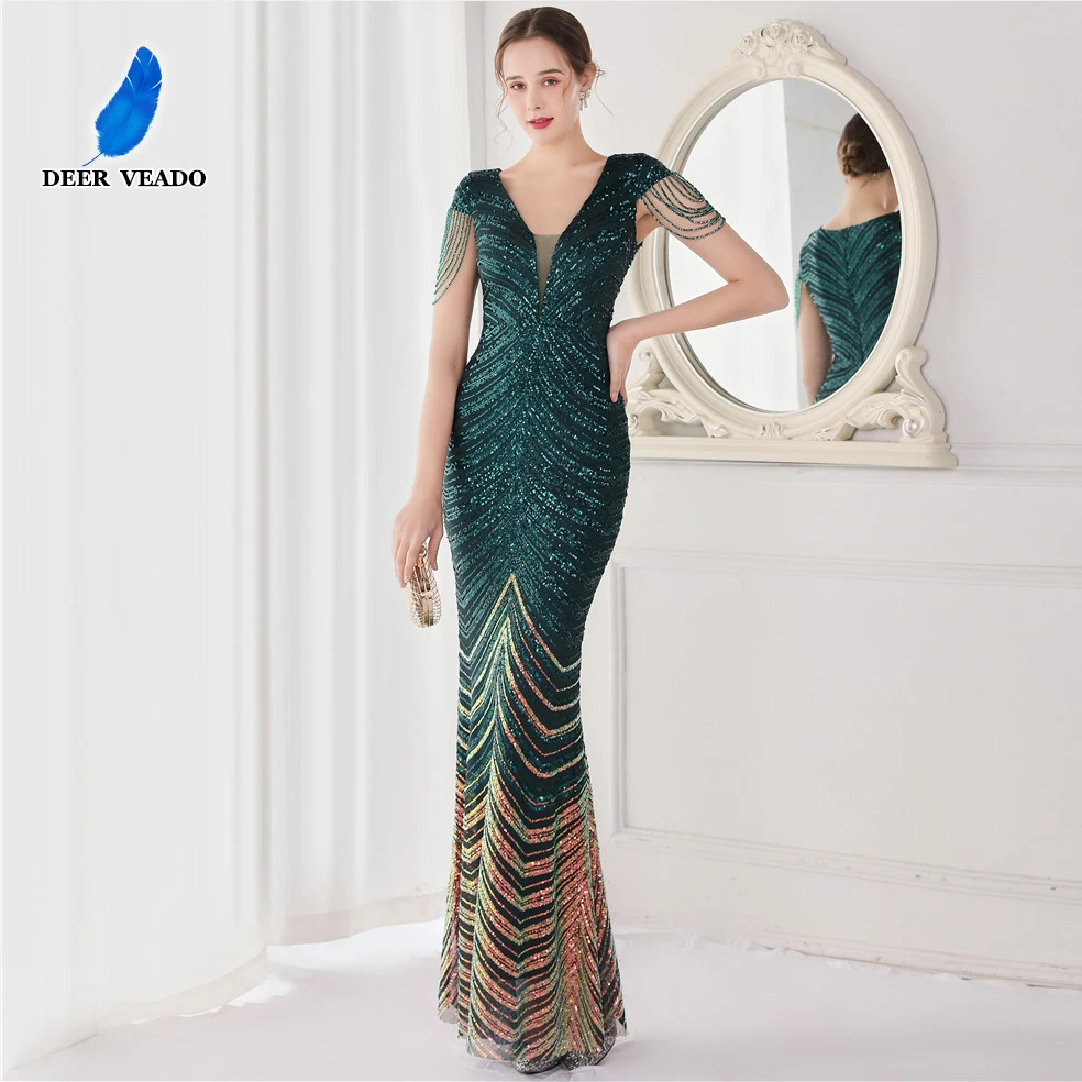 DEERVEADO Elegant V Neck Mermaid Evening Dress Long Luxury Beads Women Evening Party Dresses 2025 New Formal Dress 19085