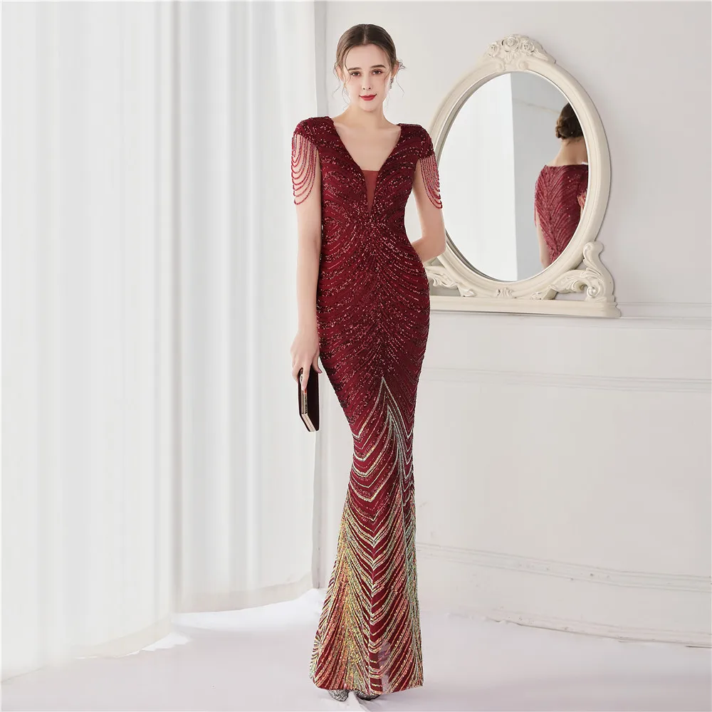 DEERVEADO Elegant V Neck Mermaid Evening Dress Long Luxury Beads Women Evening Party Dresses 2025 New Formal Dress 19085 - Image 3