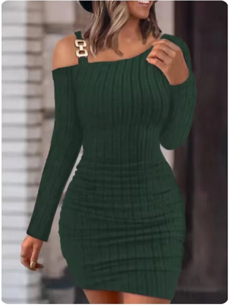 Women's Slant Neck Dresses Metal Sheet Long Sleeved Off Shoulder Dress Fashion Autumn Dress - Image 4