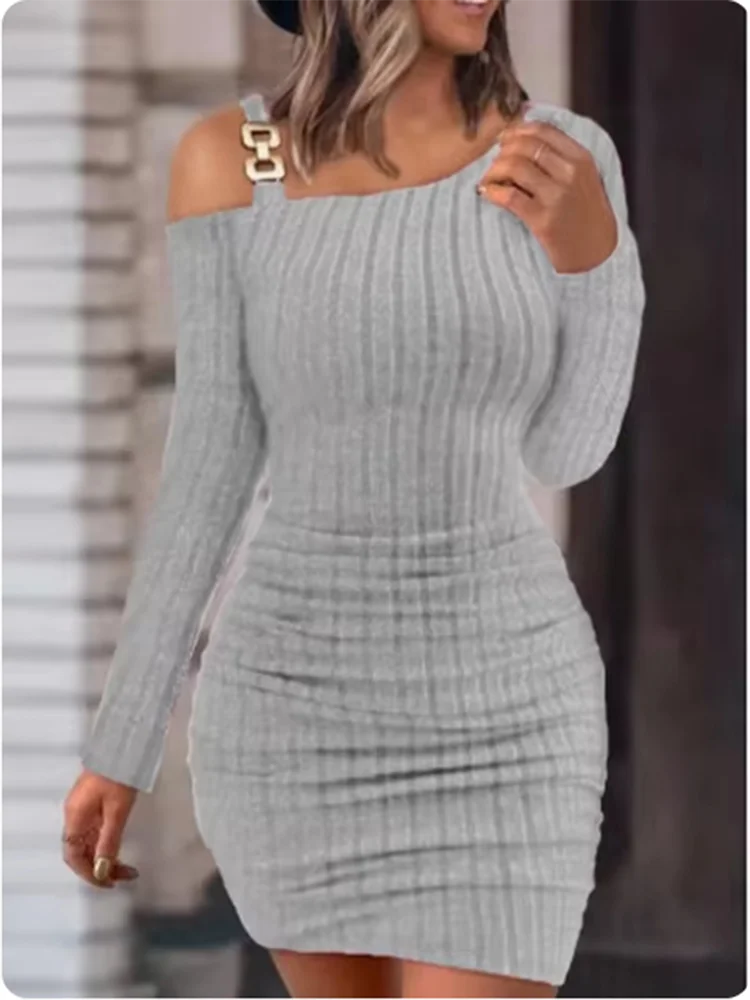 Women's Slant Neck Dresses Metal Sheet Long Sleeved Off Shoulder Dress Fashion Autumn Dress - Image 3