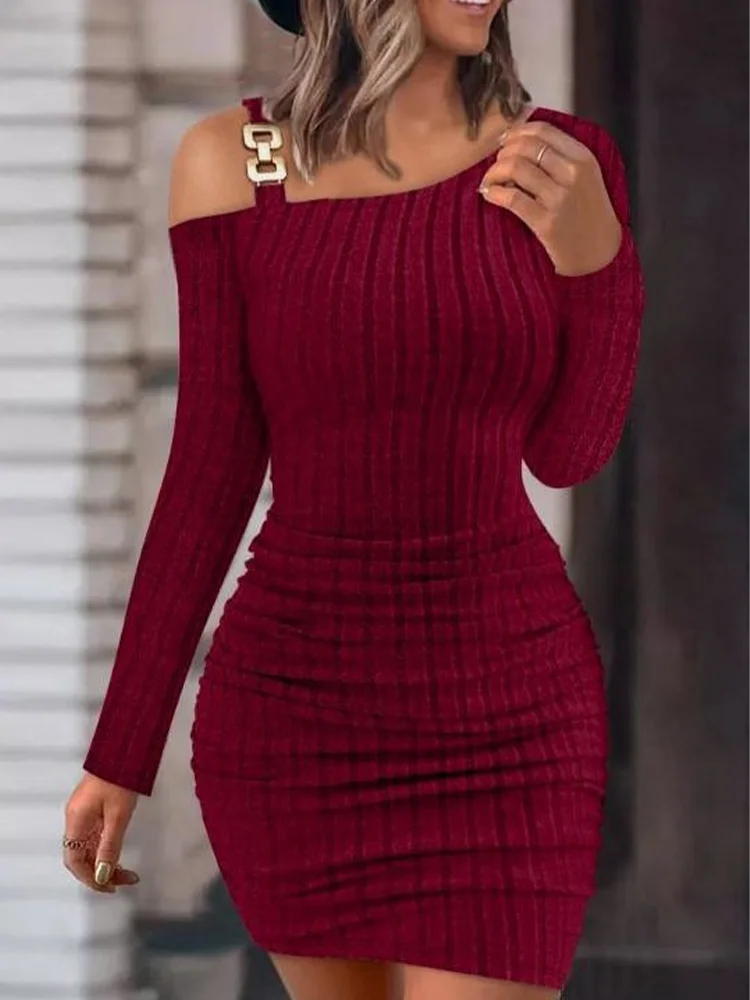 Women's Slant Neck Dresses Metal Sheet Long Sleeved Off Shoulder Dress Fashion Autumn Dress - Image 6