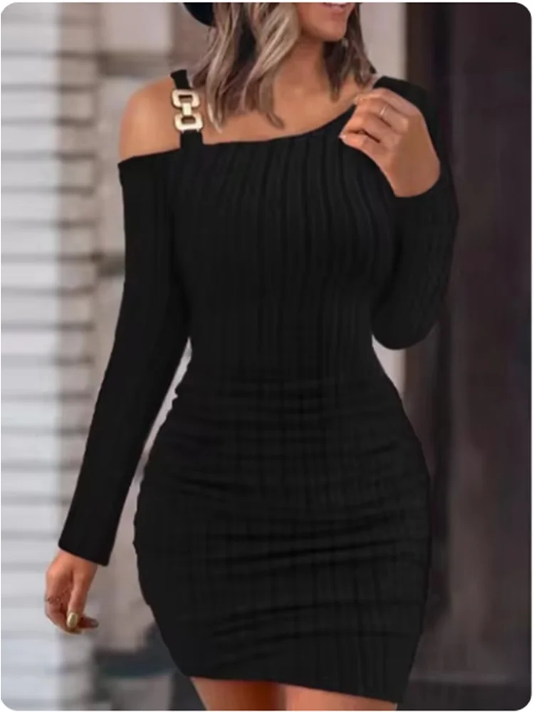 Women's Slant Neck Dresses Metal Sheet Long Sleeved Off Shoulder Dress Fashion Autumn Dress - Image 5