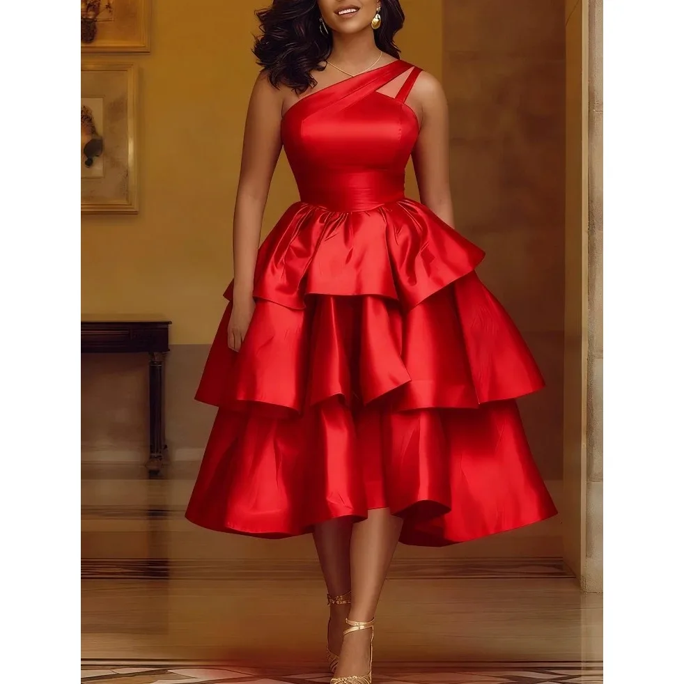 Women Elegant Shiny One Shoulder Ruffle Layered Christmas Party Dresses Date Out Birthday Wedding Guest Event Occasion Gowns New