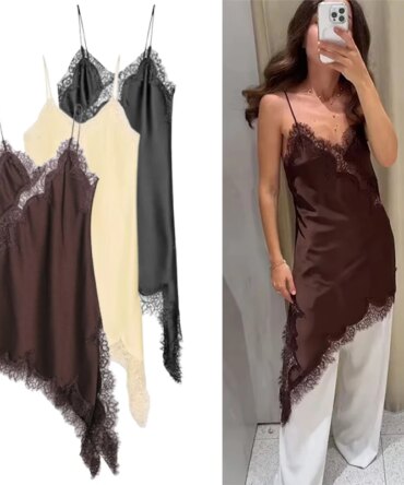 Satin  Lace Spliced Short Sling Dress Women Sleeveless Backless Asymmetric  Party Dresses 2025 Summer Lady Dress ﻿