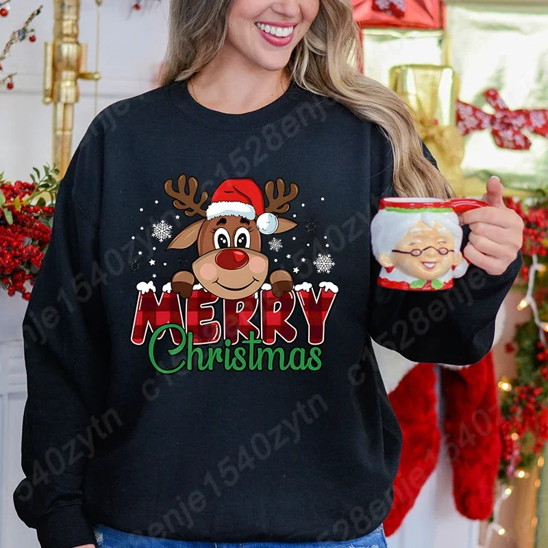 Women's Festive Christmas Reindeer & Plaid Graphic Sweatshirt Casual Loose Fit Long Sleeve Crew Neck Sweatshirts for Winter - Image 3
