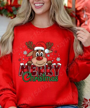 Women's Festive Christmas Reindeer & Plaid Graphic Sweatshirt Casual Loose Fit Long Sleeve Crew Neck Sweatshirts for Winter